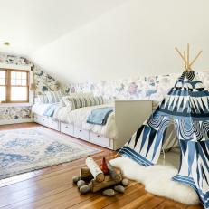 Blue and White Children's Room With Twin Beds