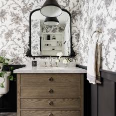 Black and White Bathroom With Wooden Vanity