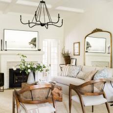 Craftsman Living Room With White Brick Fireplace