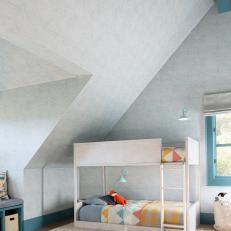Blue Transitional Kids Room With Wood Blocks