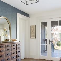 Blue Transitional Foyer With Graphic Wallpaper