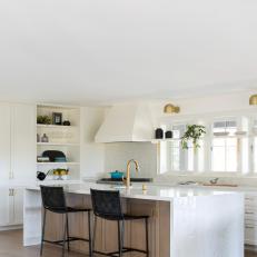 White Transitional Open Plan Kitchen With Black Stools