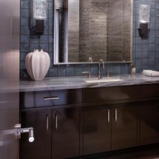 Contemporary, Blue and Gray Bathroom With Chic Black Vanity