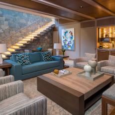 Contemporary, Neutral and Blue Basement Family Room and Wet Bar