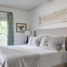 Cottage Neutral Bedroom With Green Curtains