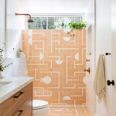Modern Single Vanity Bath With Pink Tile Shower