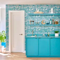 Custom Blue & White Wet Bar With Graphic Wallpaper 