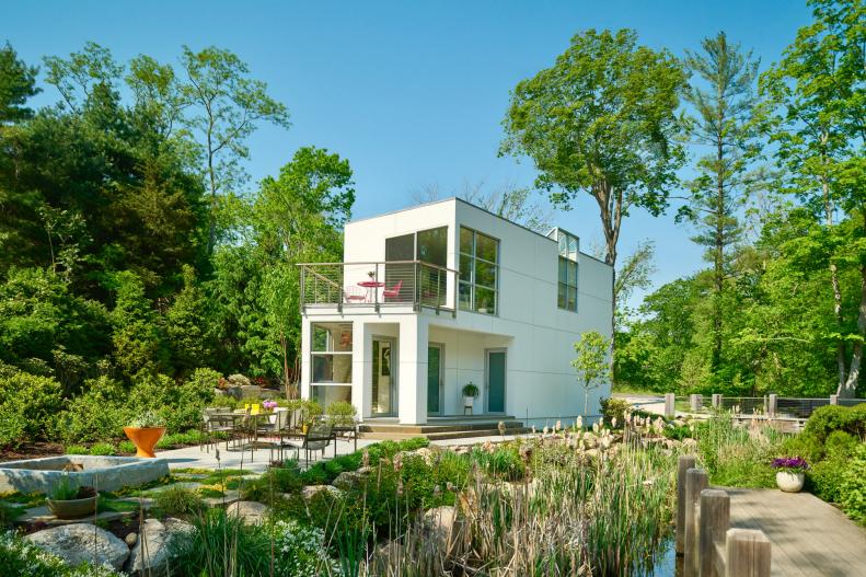 White Poolhouse and Wetland Landscape