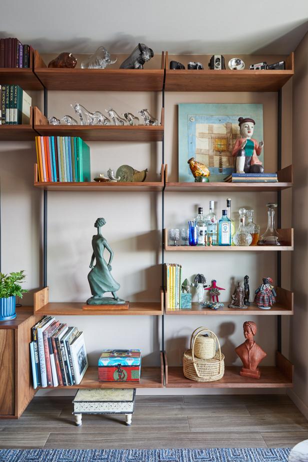 Custom Wooden Shelves in Living Room HGTV