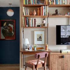 Custom Shelving and Desk in Bohemian Living Room