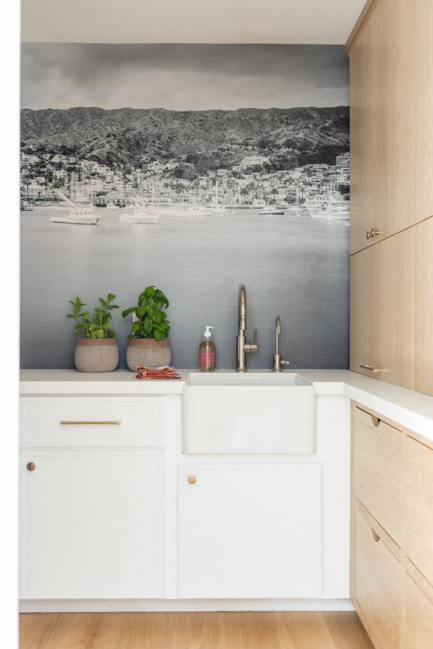 Neutral Kitchen With Black and White Wallpaper Backsplash | HGTV