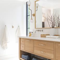 White Bathroom With Wood Double Vanity