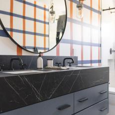 Plaid Bathroom With Black Marble Vanity