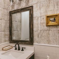Powder Bathroom With Beige and Gold Wallpaper