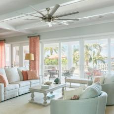 Coastal Living Room Mixes Cool and Warm Tones
