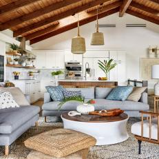 Open Plan Bohemian Living Room With Exposed Beam Ceiling