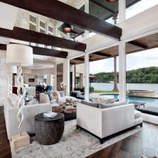 Lakeside Living Room With Exposed Beams