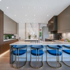 Contemporary Kitchen Dazzles With Beautiful Blue Barstools