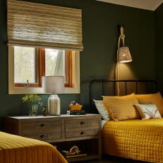 Green Transitional Bedroom With Yellow Linens