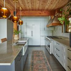 Neutral Transitional Kitchen With Wood Ceiling