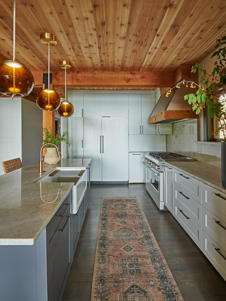 Transitional Kitchen With Wood Ceiling