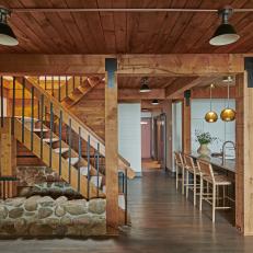 Rustic, Open-Plan Kitchen and Stairs