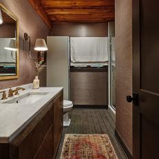 Brown Transitional Bathroom With Wood Ceiling