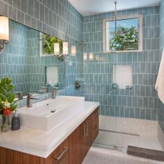 Blue Bathroom With Tile Walls