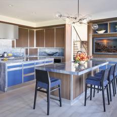 Blue and Brown Modern Kitchen WIth Blue Stools