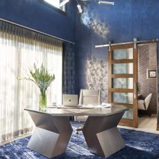 Blue Home Office With Metallic Wallpaper