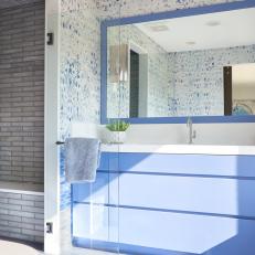 Blue Bathroom With Gray Shower