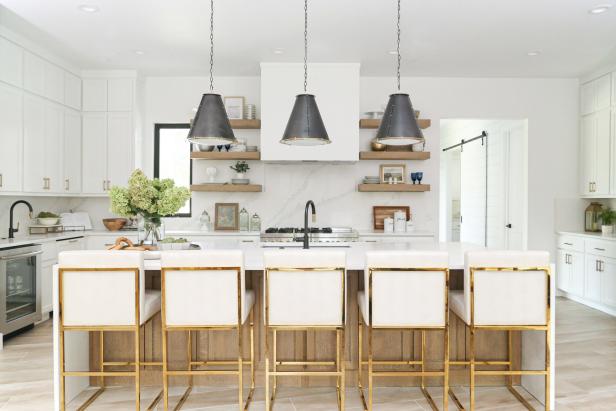 White Farmhouse Kitchen With Gold Barstools | HGTV