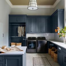 Blue Transitional Laundry Room With Island