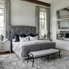 Gray Transitional Bedroom With Shiplap Ceiling