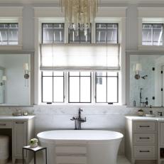 White Transitional Main Bathroom With Shiplap Ceiling
