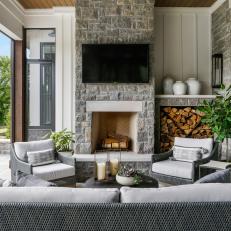Transitional Porch Sitting Room With Fireplace