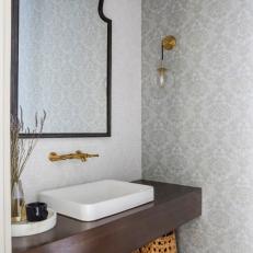 Gray Transitional Bathroom With Wood Shelves