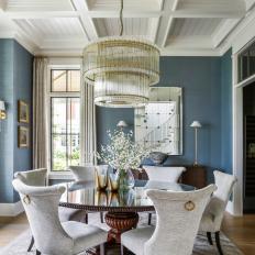 Blue Transitional Dining Room With Coffered Ceiling