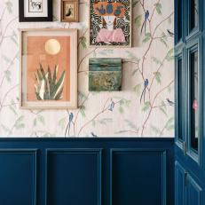 Gallery Wall Backed By Bird Print Wallpaper