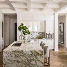 White Contemporary Open Plan Kitchen With Coffered Ceiling