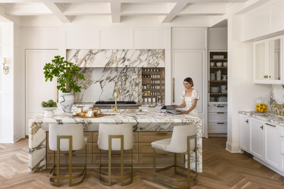 White Contemporary Chef's Kitchen With Marble Wall