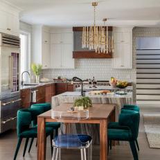 Double Island Contemporary Kitchen With Turquoise Dining Chairs