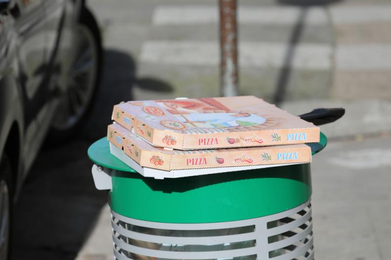 Nice, France - January 29, 2019: Empty Pizza Boxes On A Trash Can In The Street In Nice On The French Riviera, France, Europe 