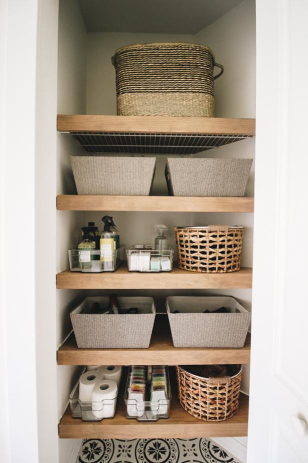 Liz Rishel from Within the Grove updates a storage closet using plywood shelf covers.