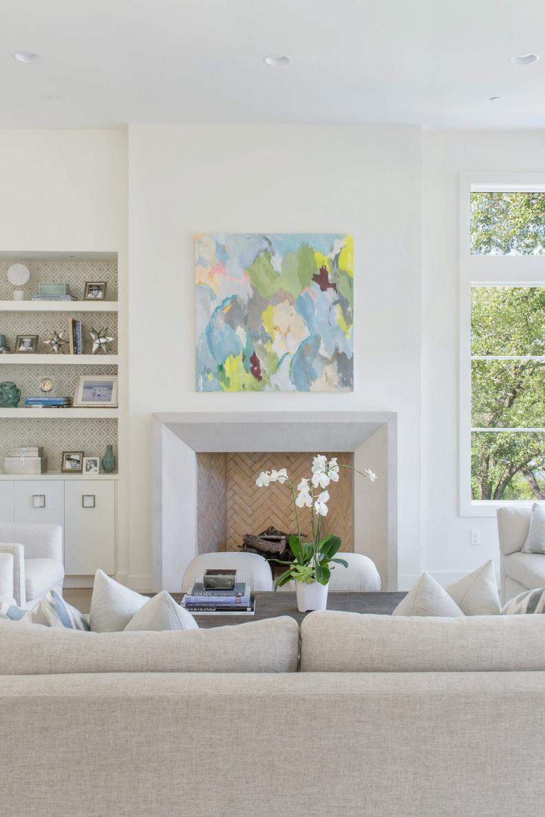 Transitional Living Room, Patterned Built-In Shelves, Brick Fireplace