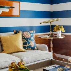 Blue Transitional Sitting Room With Striped Walls