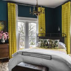 Blue Eclectic Bedroom With Yellow Curtains