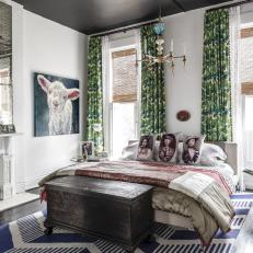 Eclectic Multicolored Bedroom With Green Curtains