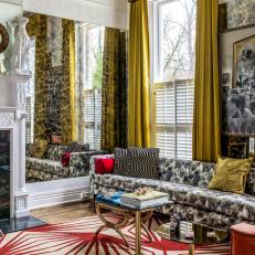 Eclectic Living Room With Gold Curtains