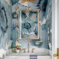 Contemporary Blue Powder Room With Watercolor Floral Wallpaper